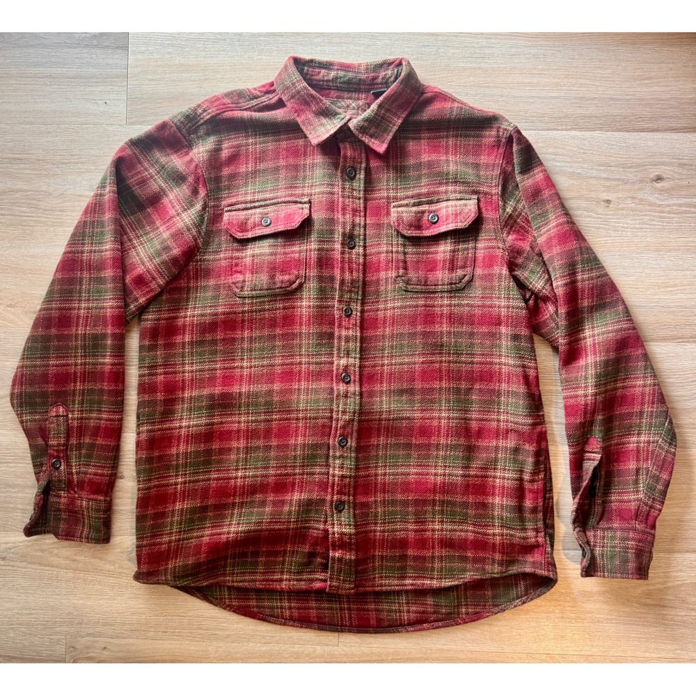 Orvis Mens XL Red Olive Green Plaid Heavyweight Cotton Flannel Button Down Shirt